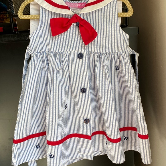 Goodlad Dress Size 12 Months Blue White Seersucker Trimmed in Red Button Front - Picture 3 of 4